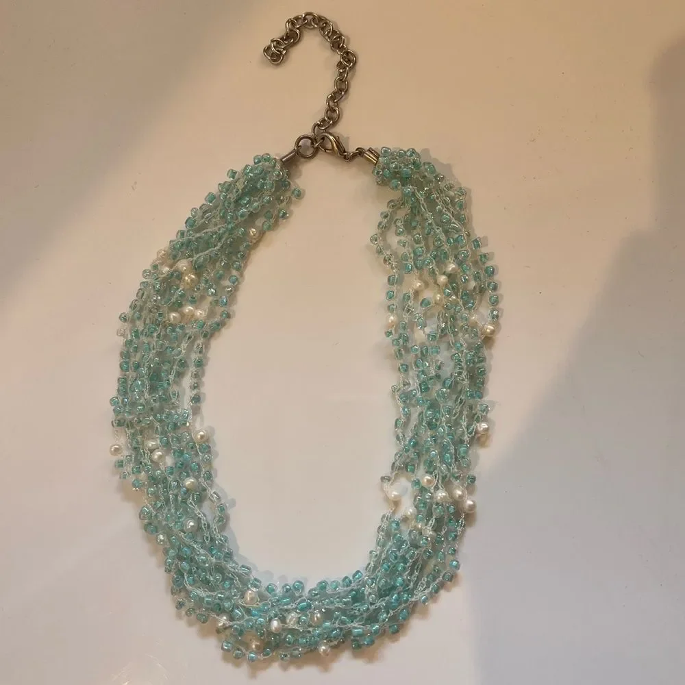 Vintage‎ Aqua Glass & Pearl Multi-Strand Necklace Boho Beachy Layered